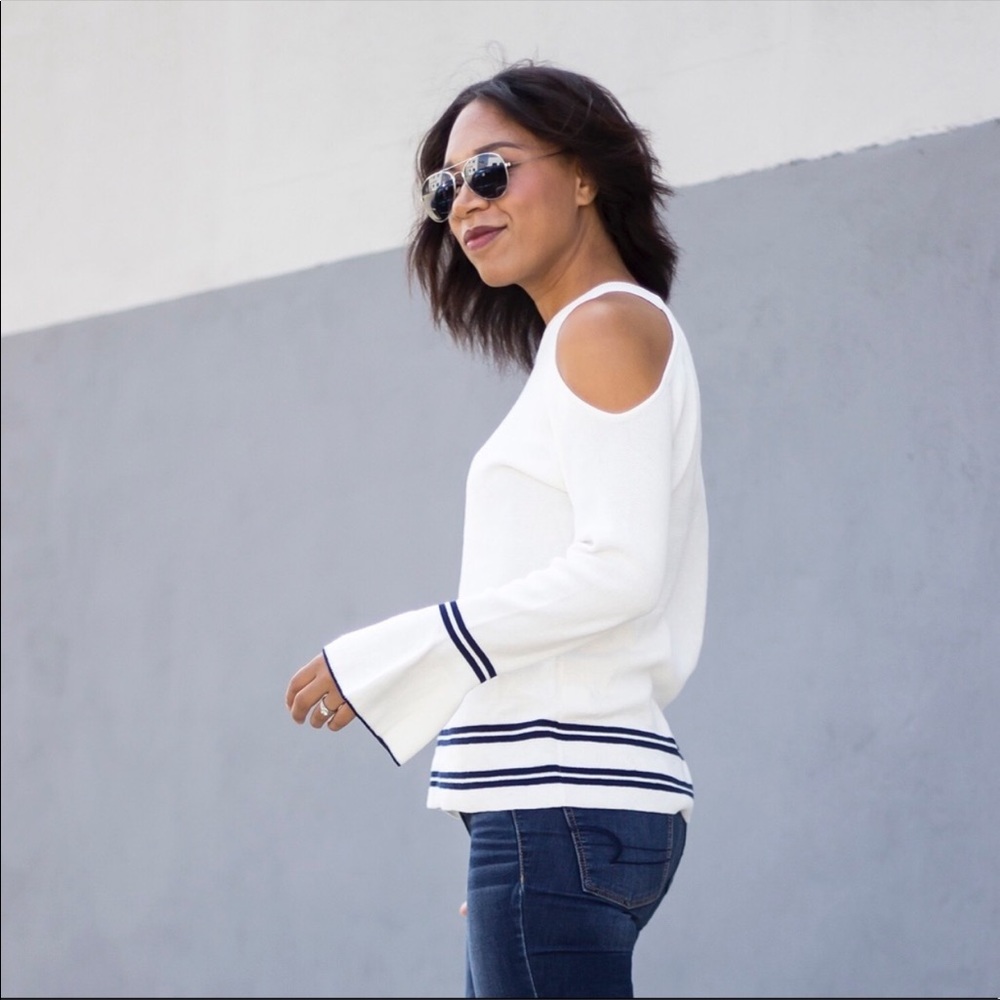 Open shoulder bell sleeve sweater